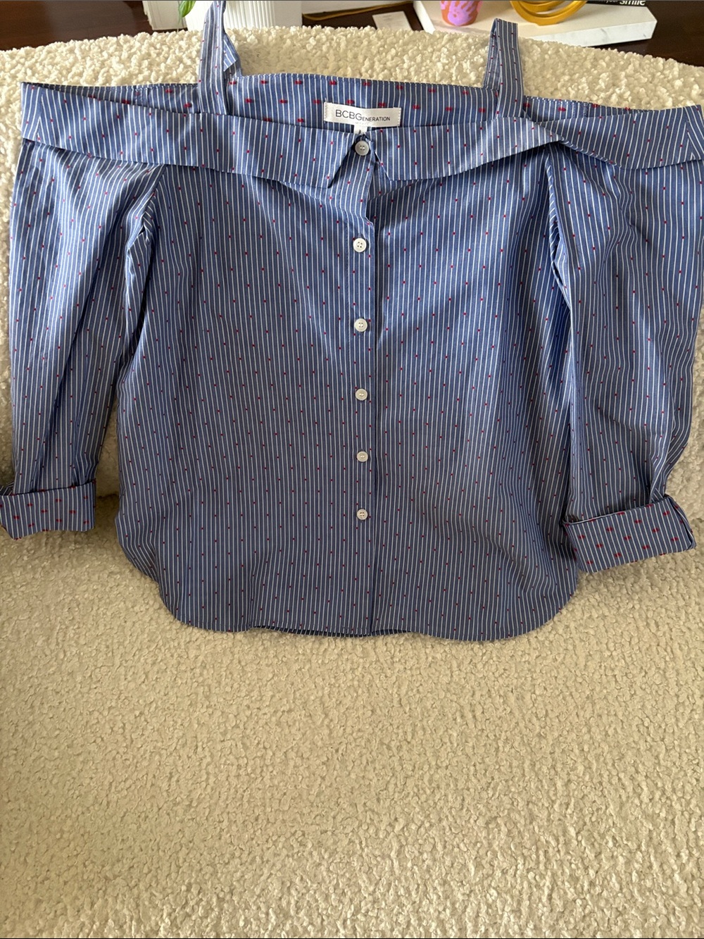 BCBGMaxAzria Blue Pinstripe Off-Shoulder Button-Down Top
